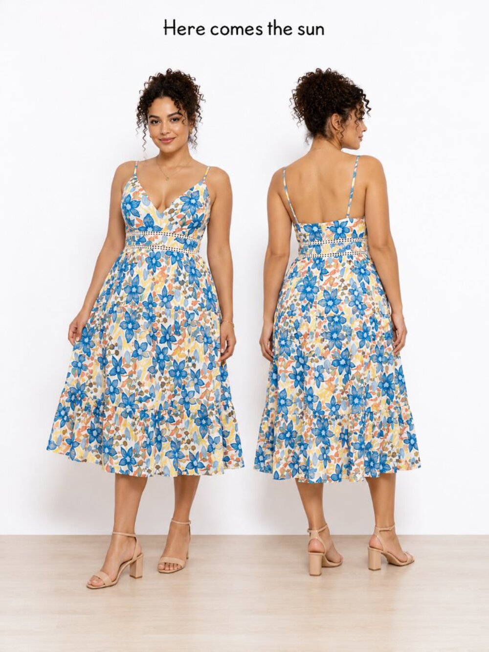 Here Comes The Sun Floral Midi Dress Blue Orange Tiered Sun Dress Size Large